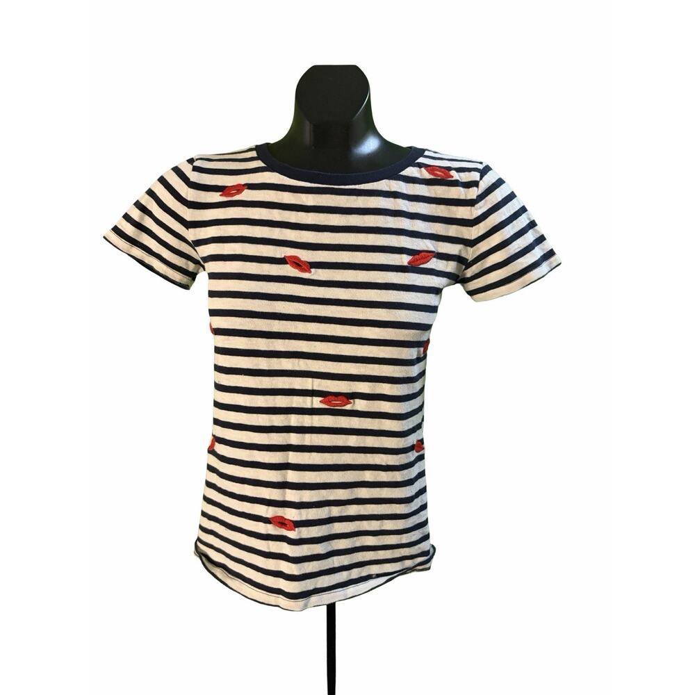 J. Crew Striped Lips Tee Women’s XXS Navy White Embroidered Breton Tee Cute